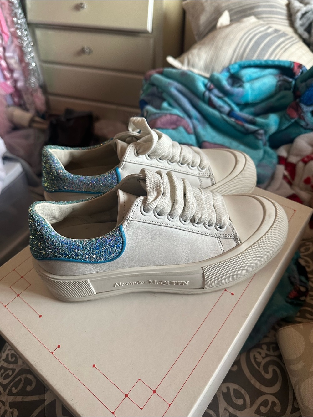 Alexander McQueen White Leather Sneakers with Blue Glitter Heel Panel